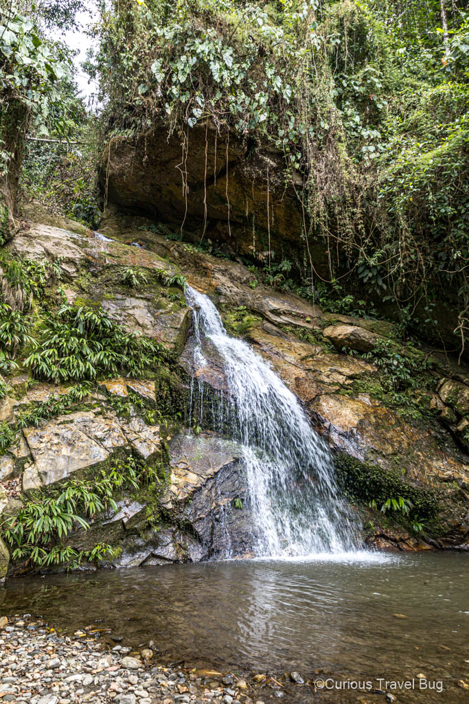 Waterfall in Minca Colombia that is part of the Masaya waterfall hike. You can swim under this jungle waterfall and enjoy this unique experience on your 10 days in Colombia itinerary