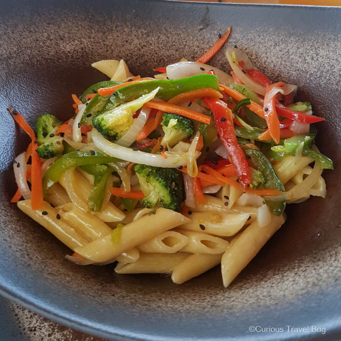 Pasta with vegetables is the vegetarian option at Islabela in the Rosario Islands
