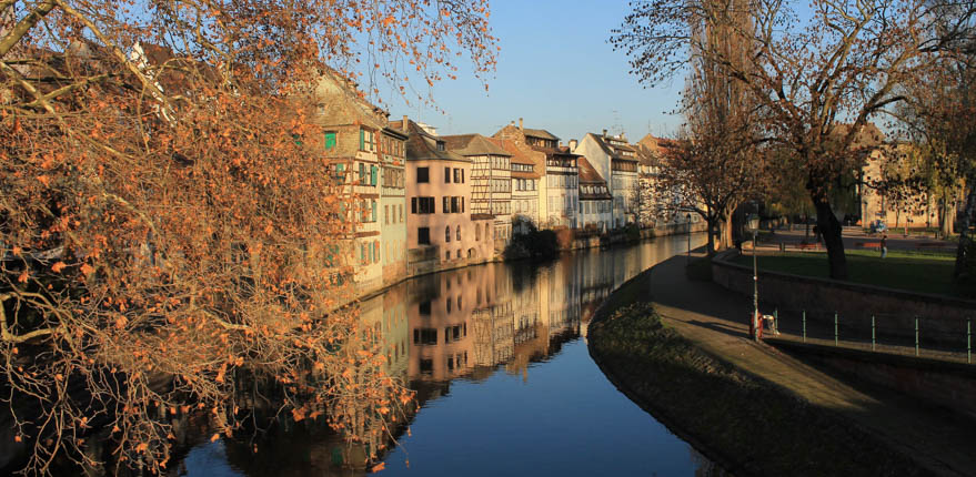 Canal on the Rhine River with Half-timbered houses lining it in Strasbourg, France