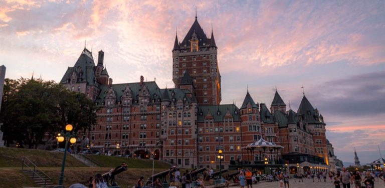 Chateau Frontenac in Quebec City at sunset is a must see stop on any road trip to Quebec.