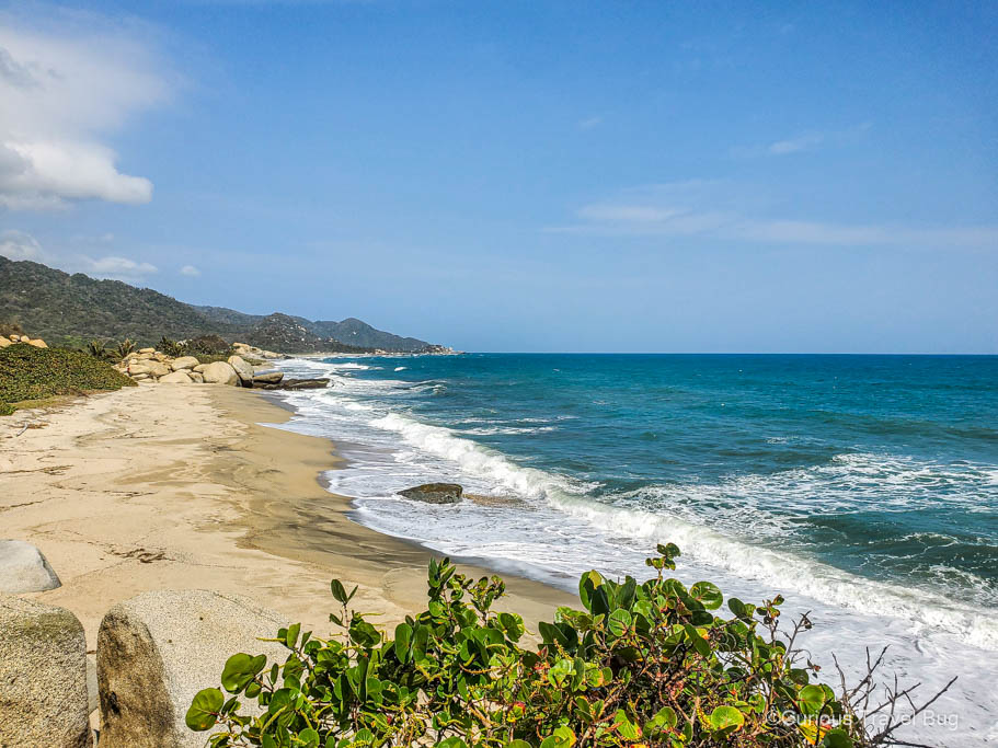 View over Arrecifes beach in el Tayrona National Park. This beach has distinct rock features but it is not suitable for swimming