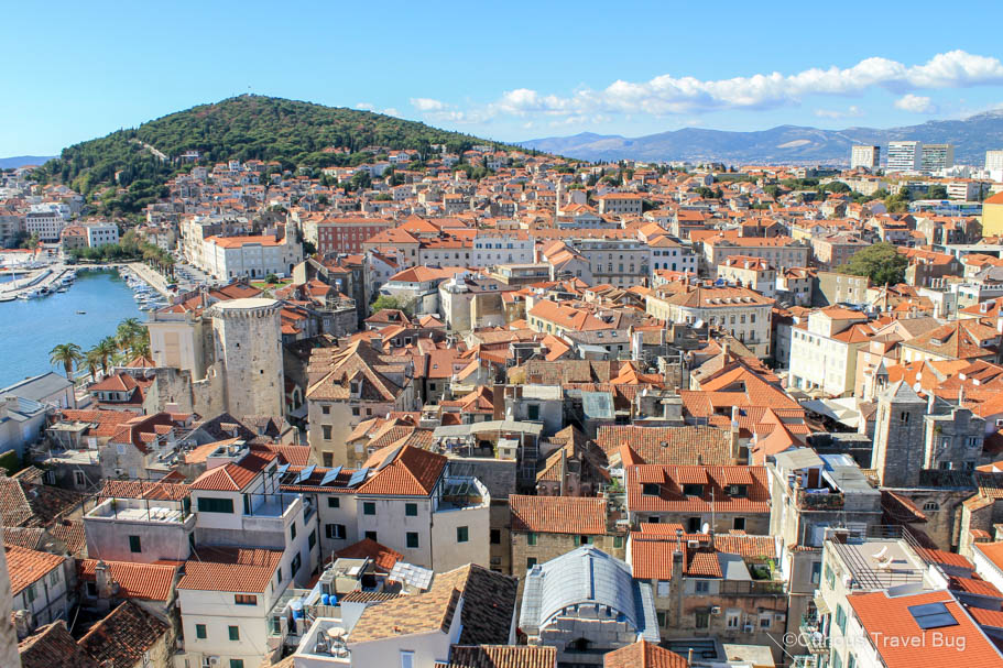 View of Marjan Hill and Split's Old Town from the Cathedral Bell Tower in Split on Croatia's Dalmatian coast