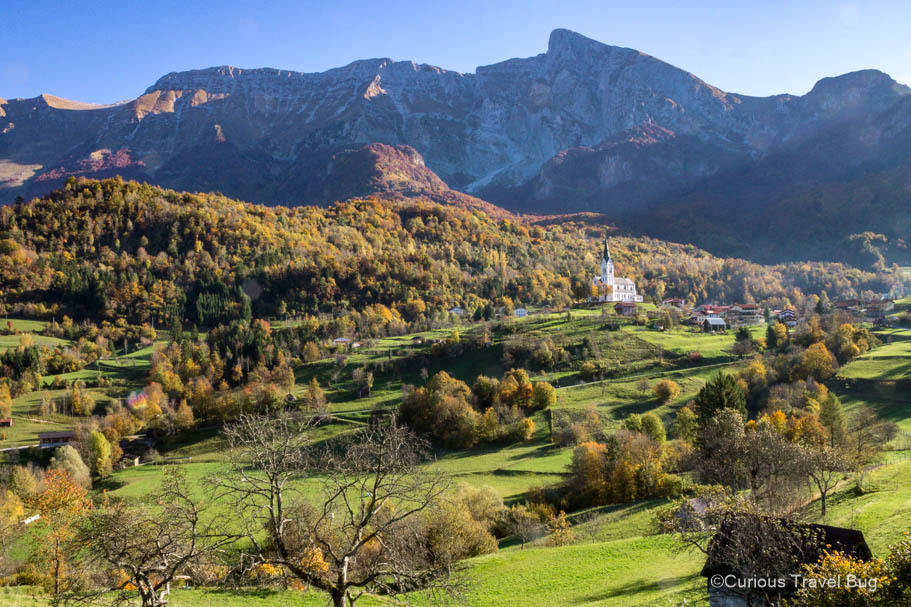 View of the Julian Alps in Slovenia near Kobarid during autumn