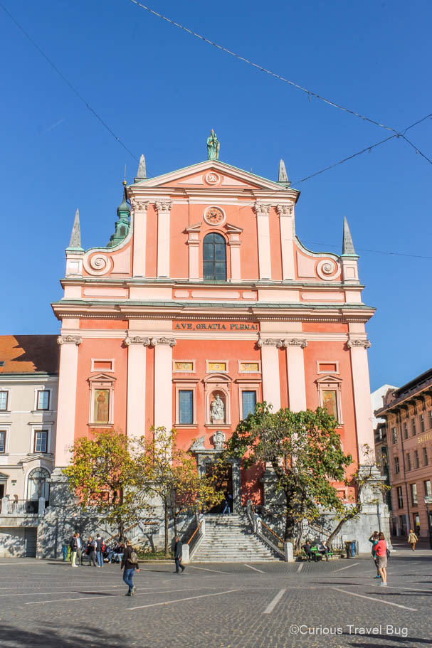 Pink church in one of the main squares of Ljubljana
