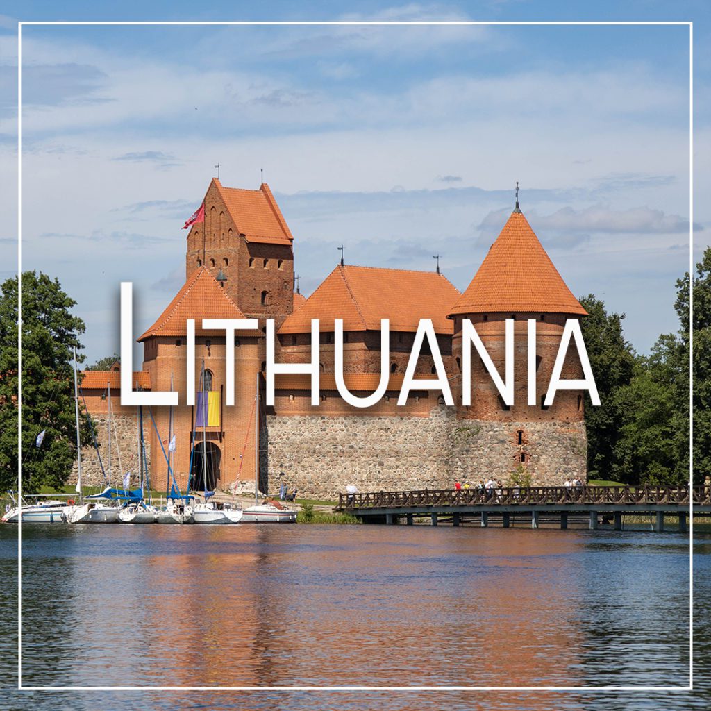 Photo of Trakai Castle in Lithuania with the text "Lithuania" overlaid