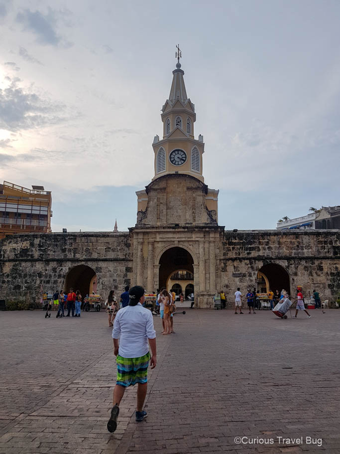 The Clock tower and walls of Cartagena, as viewed from outside the walls.