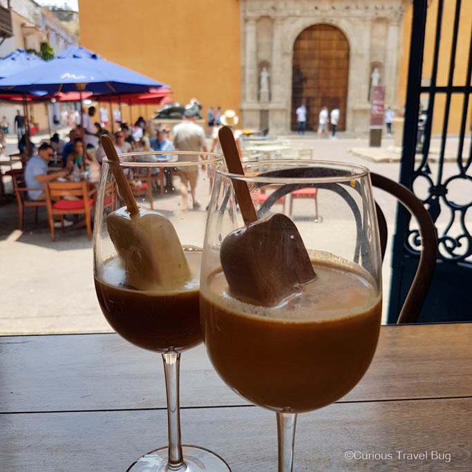 Iced coffee with popsicles in them in the San Alberto cafe of Cartagena