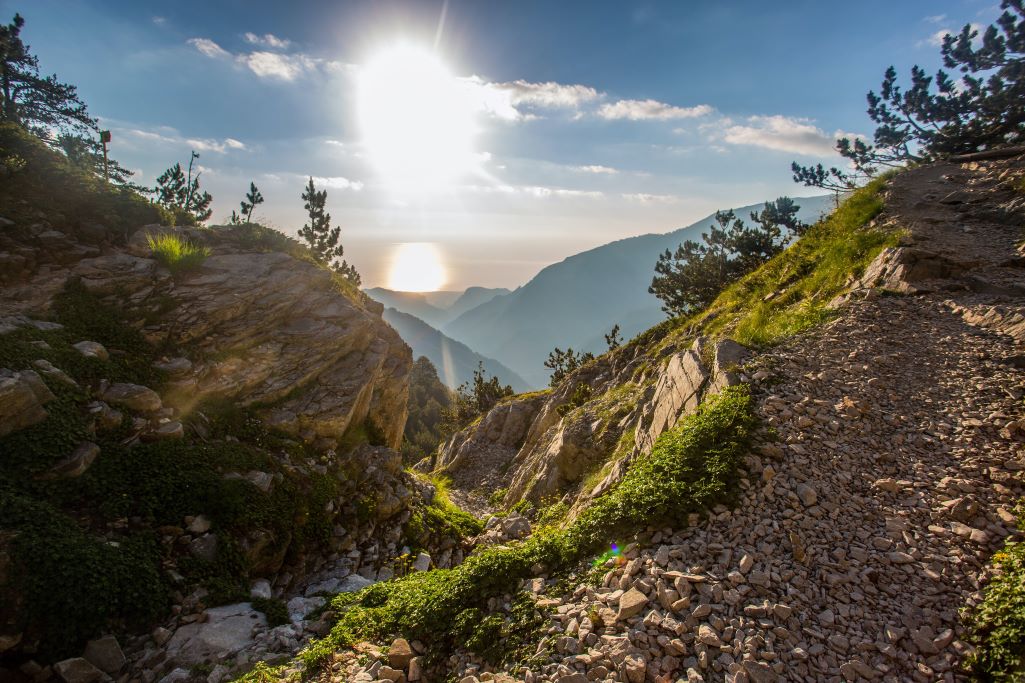 View of mountains and walking trail on Mount Olympus in Greece
