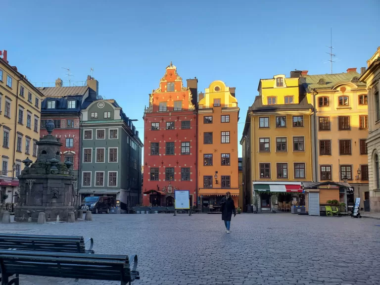 Stockholm Square in Gamla Stan. With a high speed train, a layover at Arlanda Airport is the perfect opportunity to explore Stockholm, Sweden.