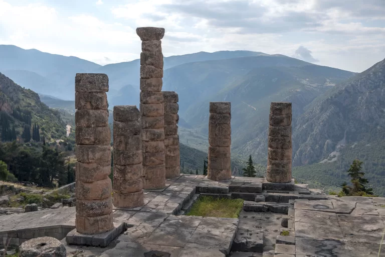 View of the Temple of Apollo in Delphi, Greece. Delphi is a must visit location on the mainland of Greece and is perfect as a day trip from Athens or as an overnight location