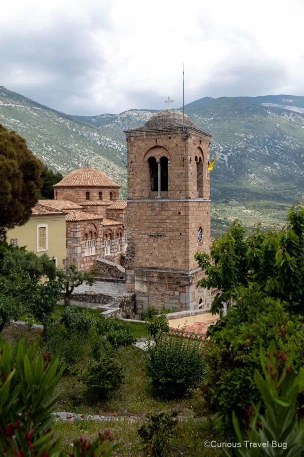 Hosios Loukas Monastery with mountains in the back during Spring