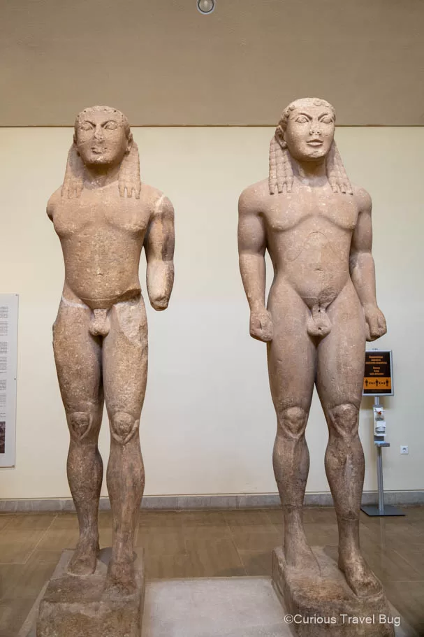 The Twins Statues at the Archaeological Museum of Delphi. Two identical Kouros Statues