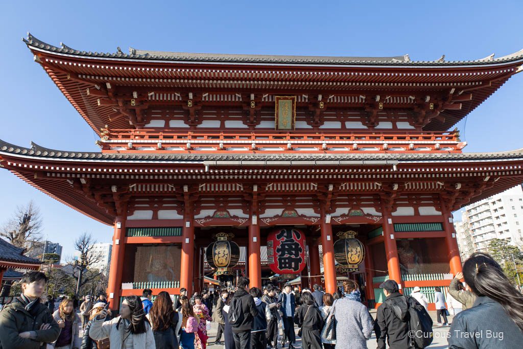 Senso-ji Shrine with its large red lantern and colorful gate