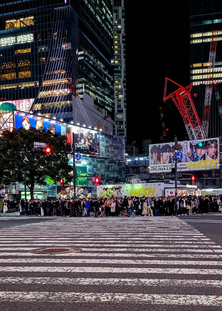Shibuya Crossing in Tokyo at night as a crowd waits to cross the street