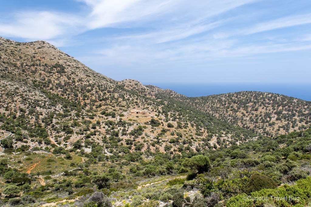 View of Monastery of St. Anthony from the start of the Katholiko Bay hike in the Akrotiri Peninsula of Crete